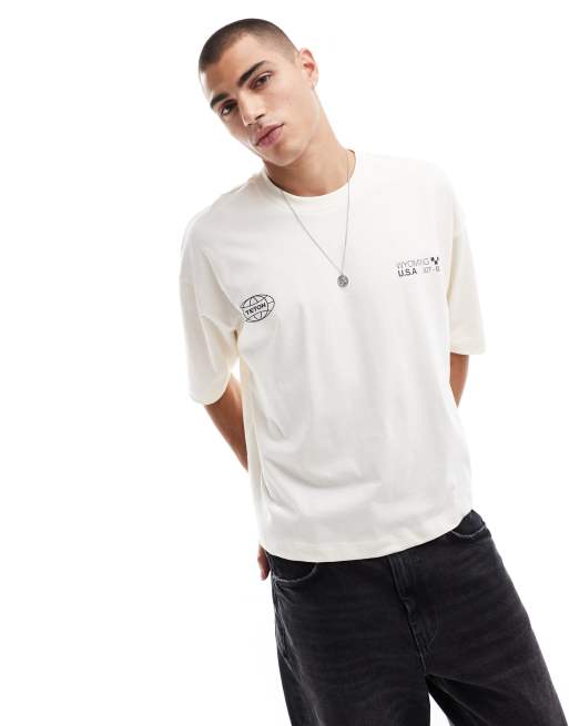 Camiseta beis de corte cuadrado extragrande con estampado de montaña de ASOS DESIGN 