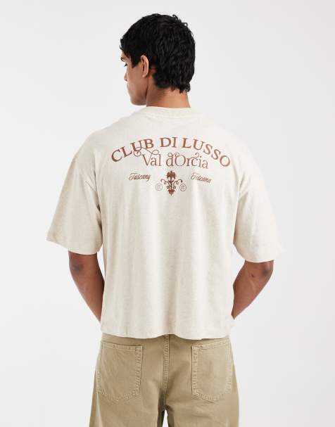 Camiseta beis de corte cuadrado extragrande con estampado gráfico de texto en la espalda de mezcla de lino de ASOS DESIGN - view 1