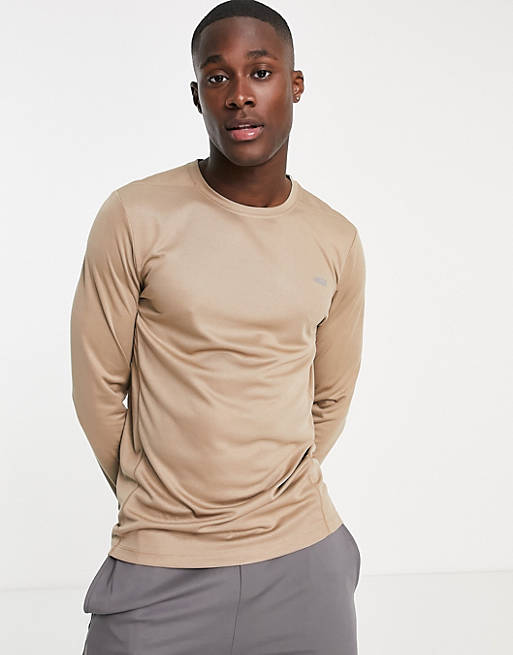 Hombre Tops | Camiseta beis deportiva de manga larga con logo de tejido de secado largo de ASOS 4505 - BE92731