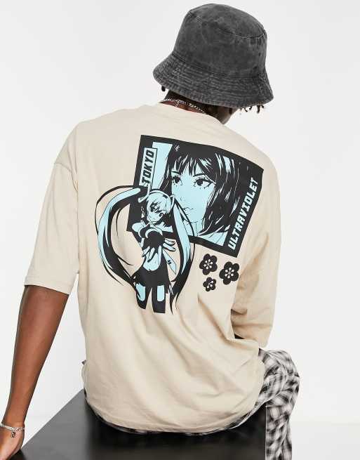 Camiseta beis extragrande con animal estampado de estilo anime en la espalda de ASOS DESIGN