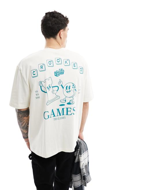 Camiseta beis extragrande con estampado de dibujos animados en la espalda de ASOS Crooked Tongues
