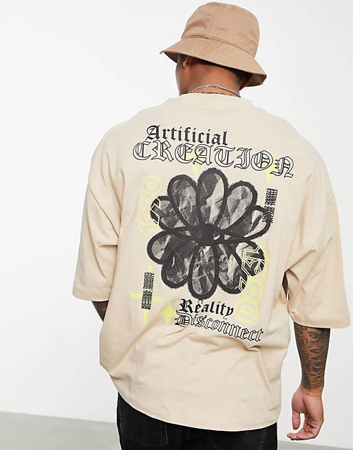 Hombre Other | Camiseta beis extragrande con estampado de flor en la espalda de ASOS DESIGN - YP44267