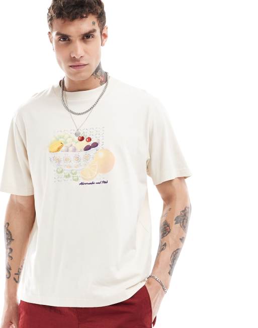Camiseta beis extragrande con estampado de flores y frutas de Abercrombie & Fitch