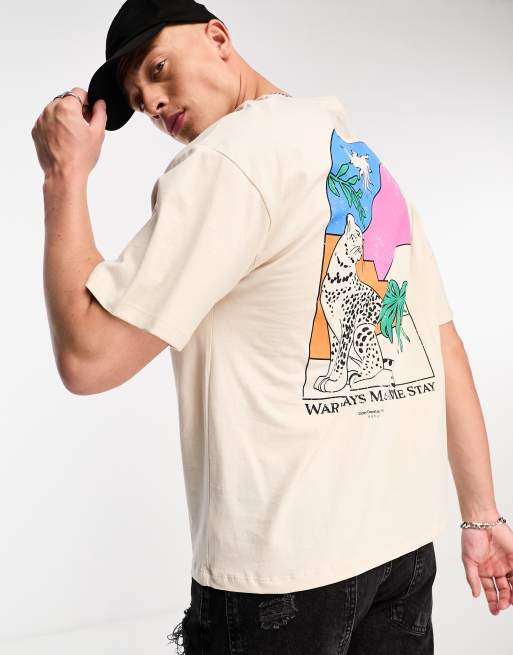Camiseta beis extragrande con estampado de gato en la espalda de Jack & Jones