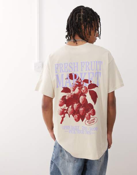 Camiseta beis extragrande con estampado trasero "Fruit Market" de algodón de Reclaimed Vintage - view 1