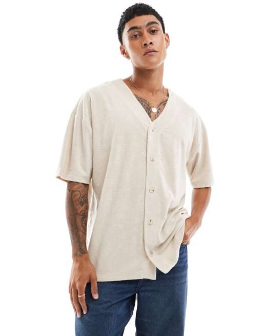 Camiseta beis extragrande estilo béisbol de tejido rizado de ASOS DESIGN