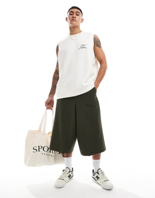 Camiseta beis extragrande sin mangas con bordado de ASOS DESIGN