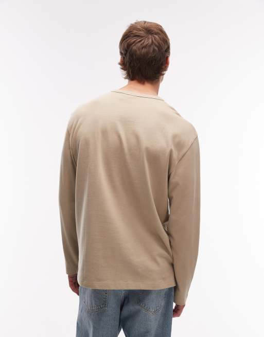Camiseta beis holgada de manga larga de tejido grueso de algodón cepillado de ASOS DESIGN , 3 de 5