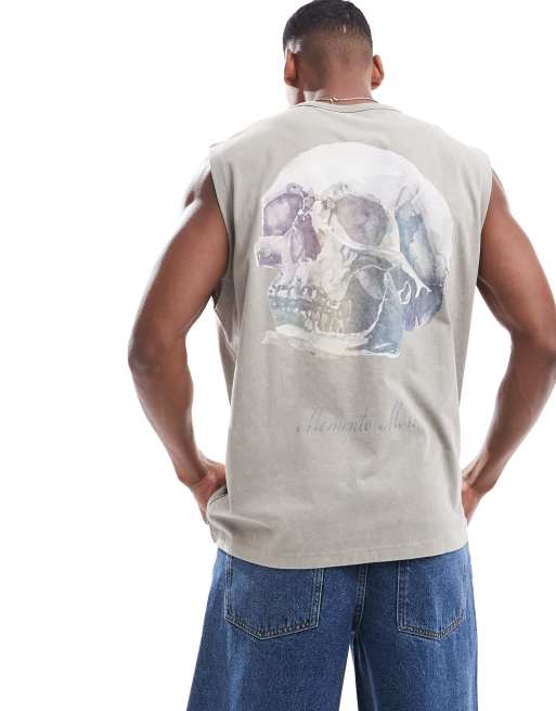 Camiseta beis lavado extragrande sin mangas con estampado grunge en la espalda de tejido grueso de 220 g/m2 de ASOS DESIGN