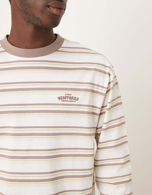 Camiseta beis y blanca a rayas holgada de manga larga con gráfico de texto de ASOS DESIGN, 5 de 5