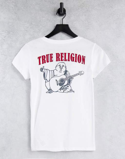 Camiseta blanca con cuello de pico pronunciado y estampado gráfico de Buda en la espalda de True Religion