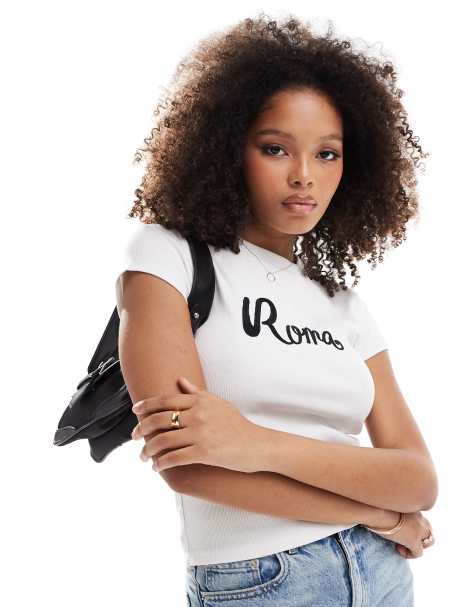Camiseta blanca con diseño encogido y bordado gráfico "Roma" de canalé de ASOS DESIGN - view 1