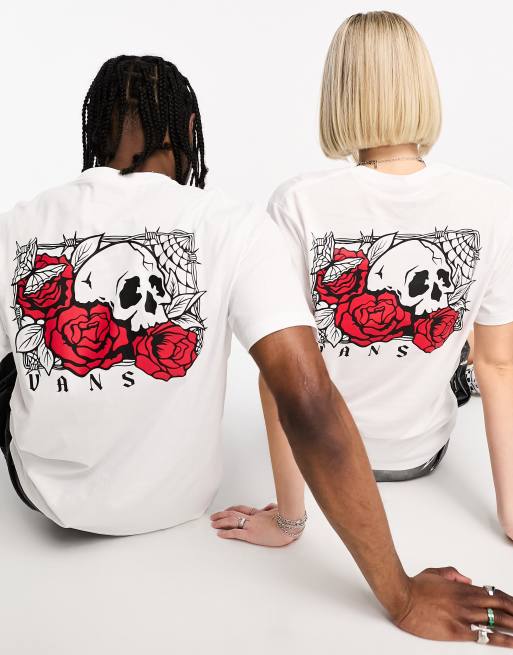 Camiseta blanca con estampado de calavera en la espalda de calavera y rosas de Vans ASOS