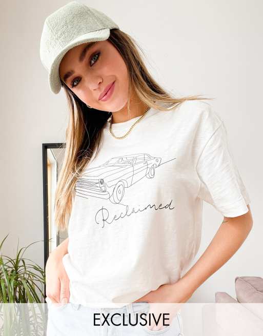 Camiseta blanca con estampado de dibujo lineal de coche de algodón orgánico de Reclaimed Vintage Inspired