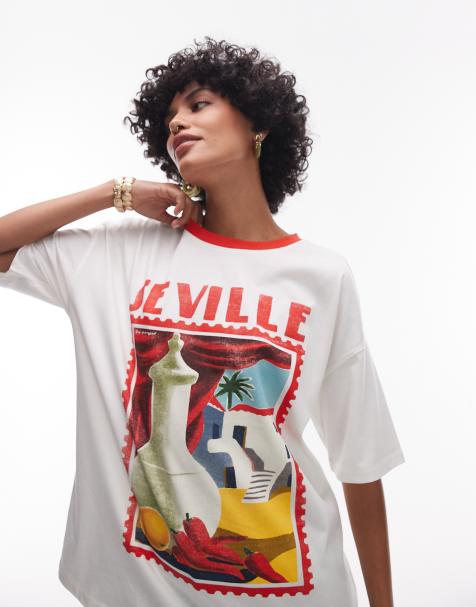 Camiseta blanca con estampado gráfico "Seville" y ribetes en contraste de punto liso de Topshop - view 1