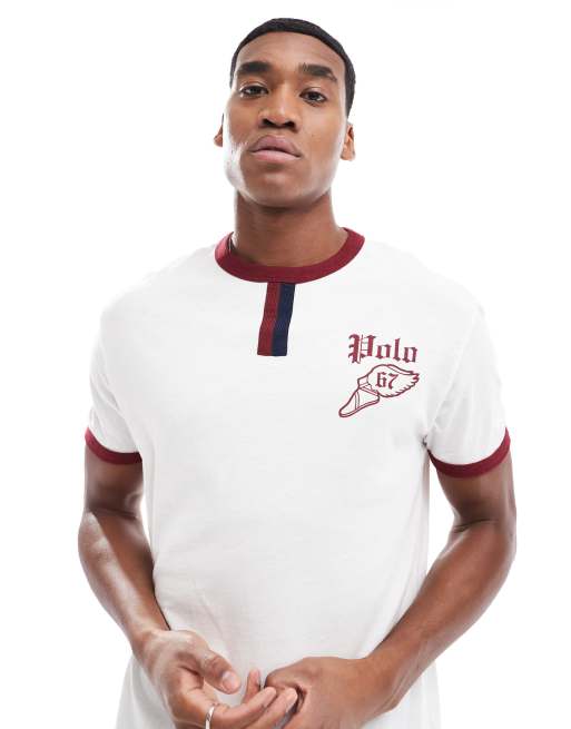 Camiseta blanca de corte clásico extragrande con ribetes burdeos y logo de estilo deportivo retro de tejido flameado de Polo Ralph Lauren