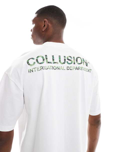 Camiseta blanca de corte cuadrado con logo de camuflaje de COLLUSION - view 1