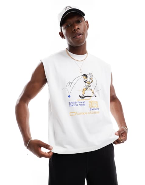 Camiseta blanca de corte cuadrado extragrande sin mangas con estampado gráfico de tenis de ASOS DESIGN - view 1