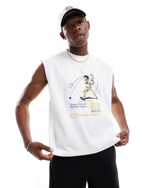 Camiseta blanca de corte cuadrado extragrande sin mangas con estampado gráfico de tenis de ASOS DESIGN