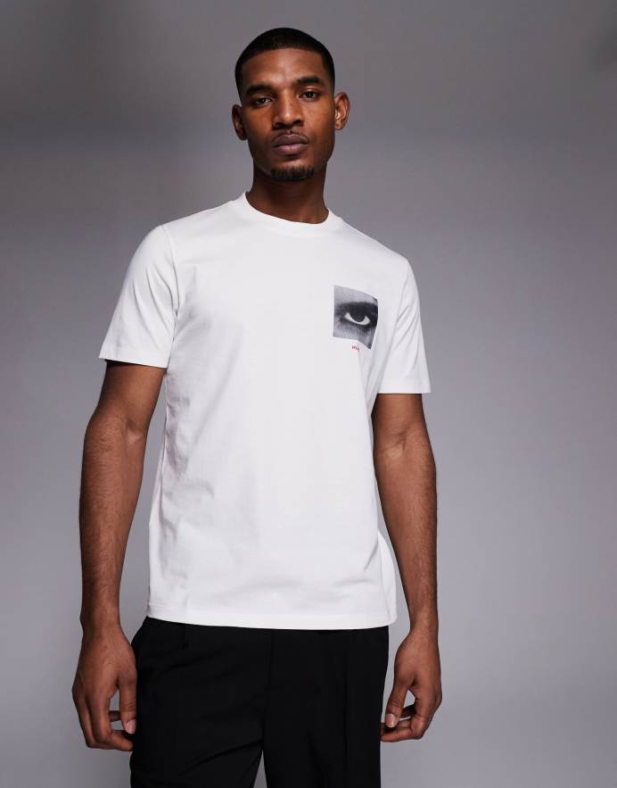 Hugo Red Camiseta blanca de corte estándar con estampado gráfico de ojos Deyss de