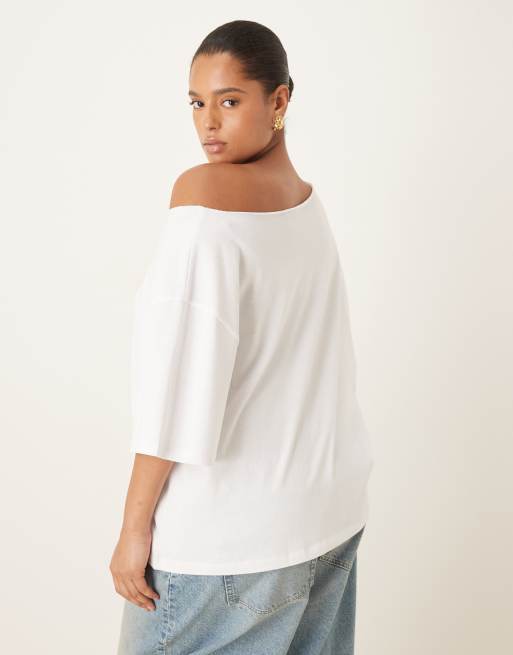 Camiseta blanca de corte extragrande suelto con escote Bardot de ASOS DESIGN Curve, 3 de 4