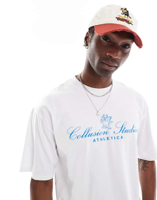 Camiseta blanca de corte skater cuadrado con estampado gráfico retro de COLLUSION, 3 de 4