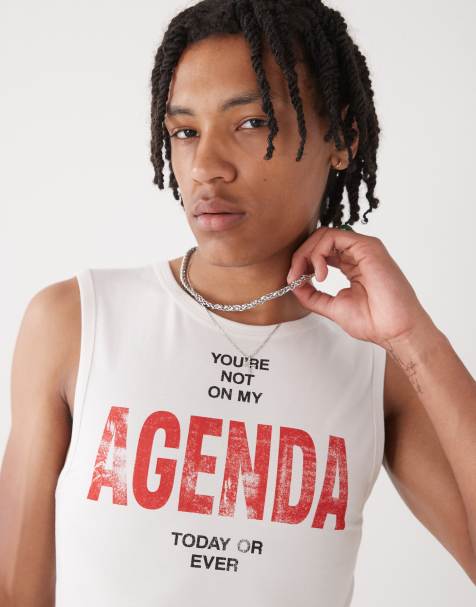 Camiseta blanca de corte slim sin mangas para festivales con estampado de texto de COLLUSION - view 1