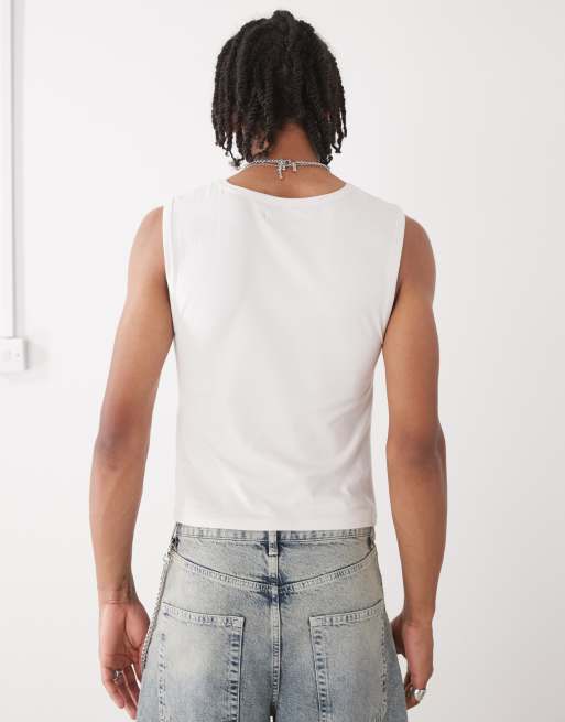Camiseta blanca de corte slim sin mangas para festivales con estampado de texto de COLLUSION, 4 de 4