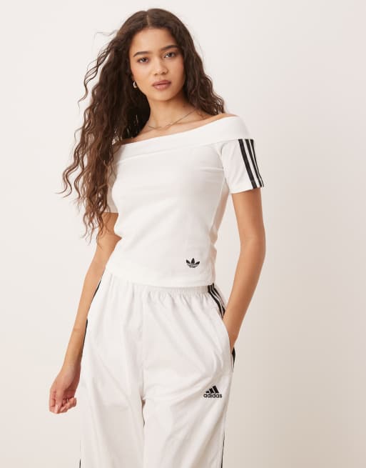 Camiseta blanca de manga corta con escote palabra de honor Adicolor de adidas Originals