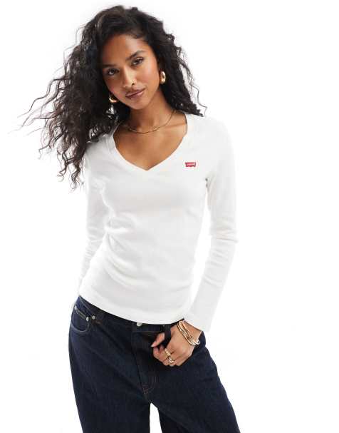 Camiseta blanca de manga larga con cuello de pico y logo de ala de murciélago de Levi's - view 1