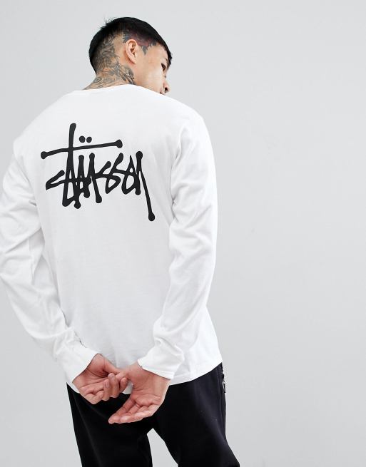 Camiseta blanca de manga larga con logo estampado en la espalda de Stussy