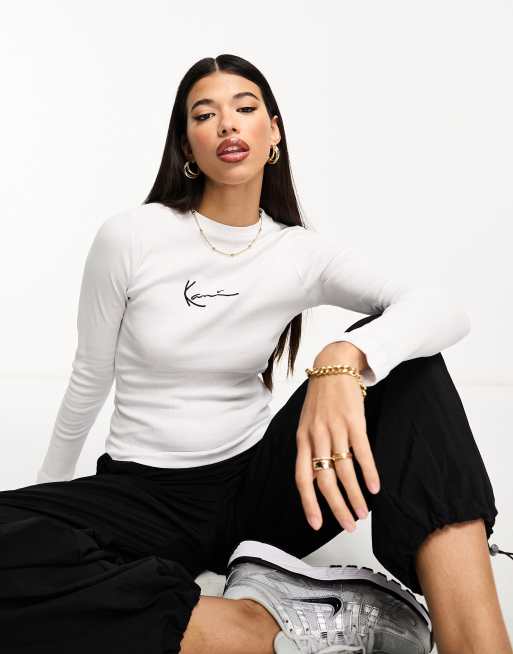 Camiseta blanca de manga larga con logo pequeño de canalé de Karl Kani