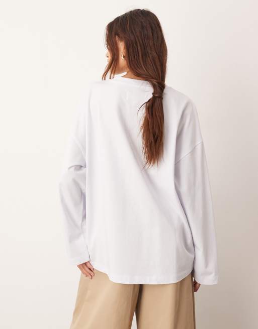 Camiseta blanca de manga larga y corte extragrande de algodón de ARRANGE, 4 de 4
