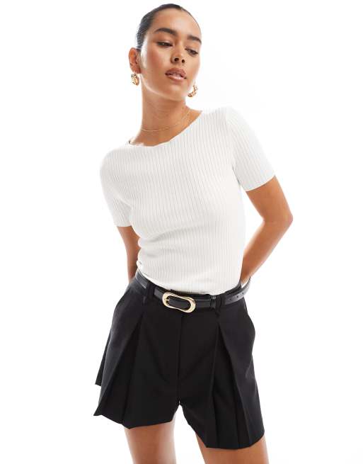 Camiseta blanca de punto fino de canalé de Mango