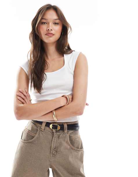 Camiseta blanca de tirantes con escote cuadrado de punto de algodón de Brave Soul - view 1