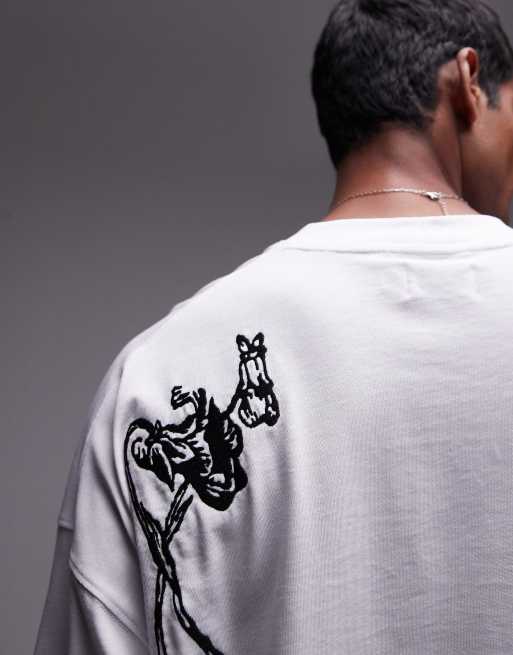 Camiseta blanca extragrande con bordado de flor en la parte delantera y trasera premium de Topman, 4 de 4