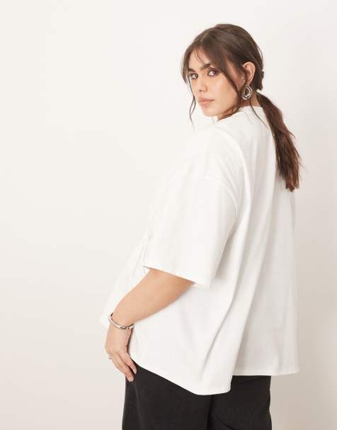 Camiseta blanca extragrande con detalle anudado de punto liso de ARRANGE Curve - view 1