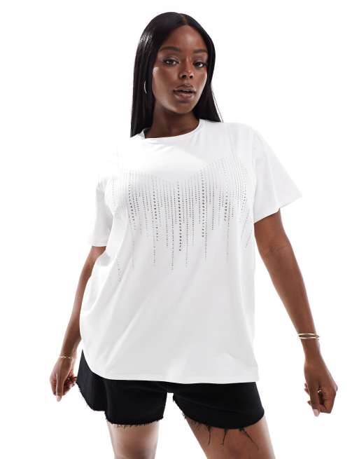Camiseta blanca extragrande con detalle estilo bralette de pedrería termosellada de ASOS DESIGN Curve