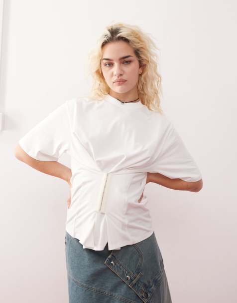 Camiseta blanca extragrande con detalle tipo corsé en la cintura de Monki - view 1
