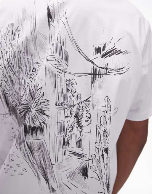 Camiseta blanca extragrande con estampado de calle mediterránea en el pecho y la espalda de Topman, 4 de 5