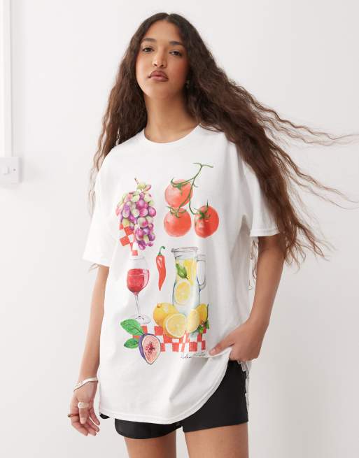 Camiseta blanca extragrande con estampado de comida de algodón de Reclaimed Vintage