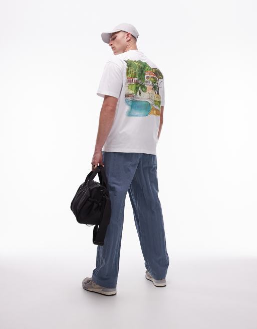 Camiseta blanca extragrande con estampado de costa efecto acuarela en el pecho y la espalda de Topman