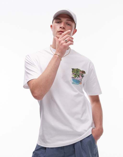 Camiseta blanca extragrande con estampado de costa efecto acuarela en el pecho y la espalda de Topman, 5 de 5
