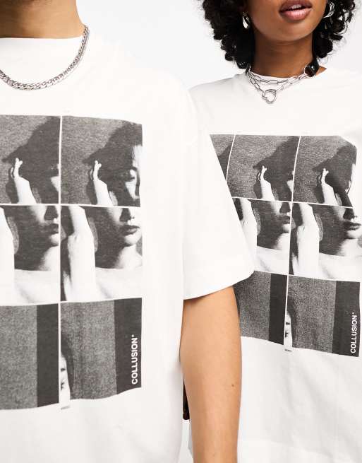 Camiseta blanca extragrande con estampado de fotografía Polaroid en el pecho de COLLUSION Unisex , 4 de 4