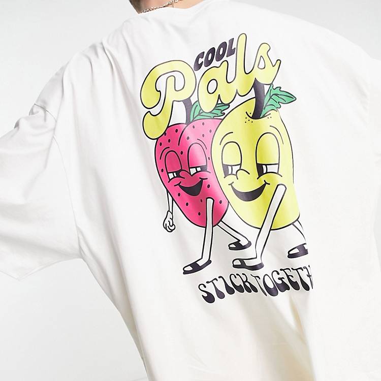  Camiseta blanca extragrande con estampado de frutas de dibujos animados de COLLUSION