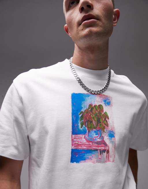 Camiseta blanca extragrande con estampado de plantas pintado premium de Topman