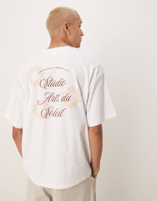 Camiseta blanca extragrande con estampado de sol en la espalda de tejido grueso de Selected Homme