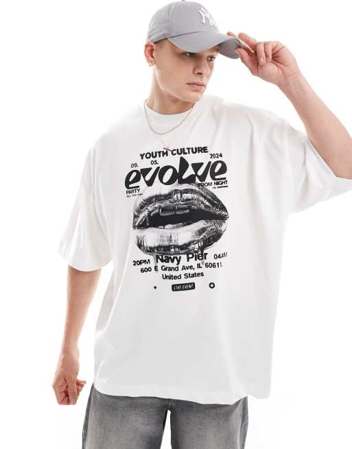 Camiseta blanca extragrande con estampado de texto y labios de ASOS DESIGN