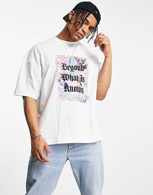 Hombre Other | Camiseta blanca extragrande con estampado de texto y recuadro de flores de Topman - NI99963