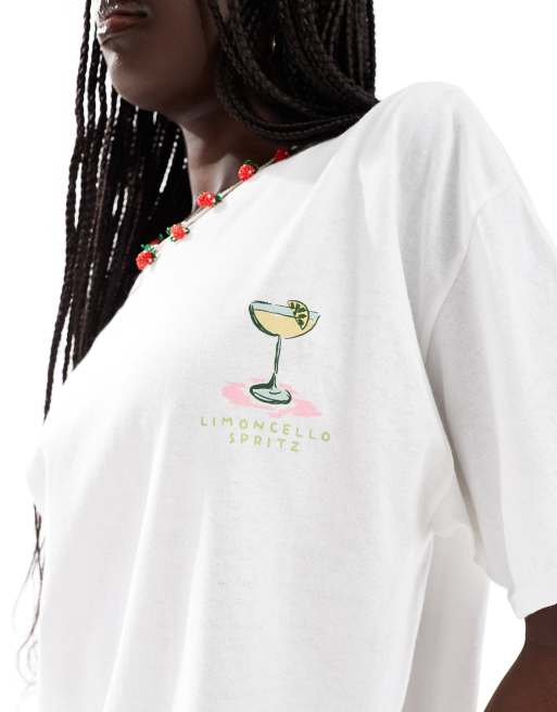 Camiseta blanca extragrande con estampado gráfico de licor limoncello con rayas de Miss Selfridge, 3 de 4